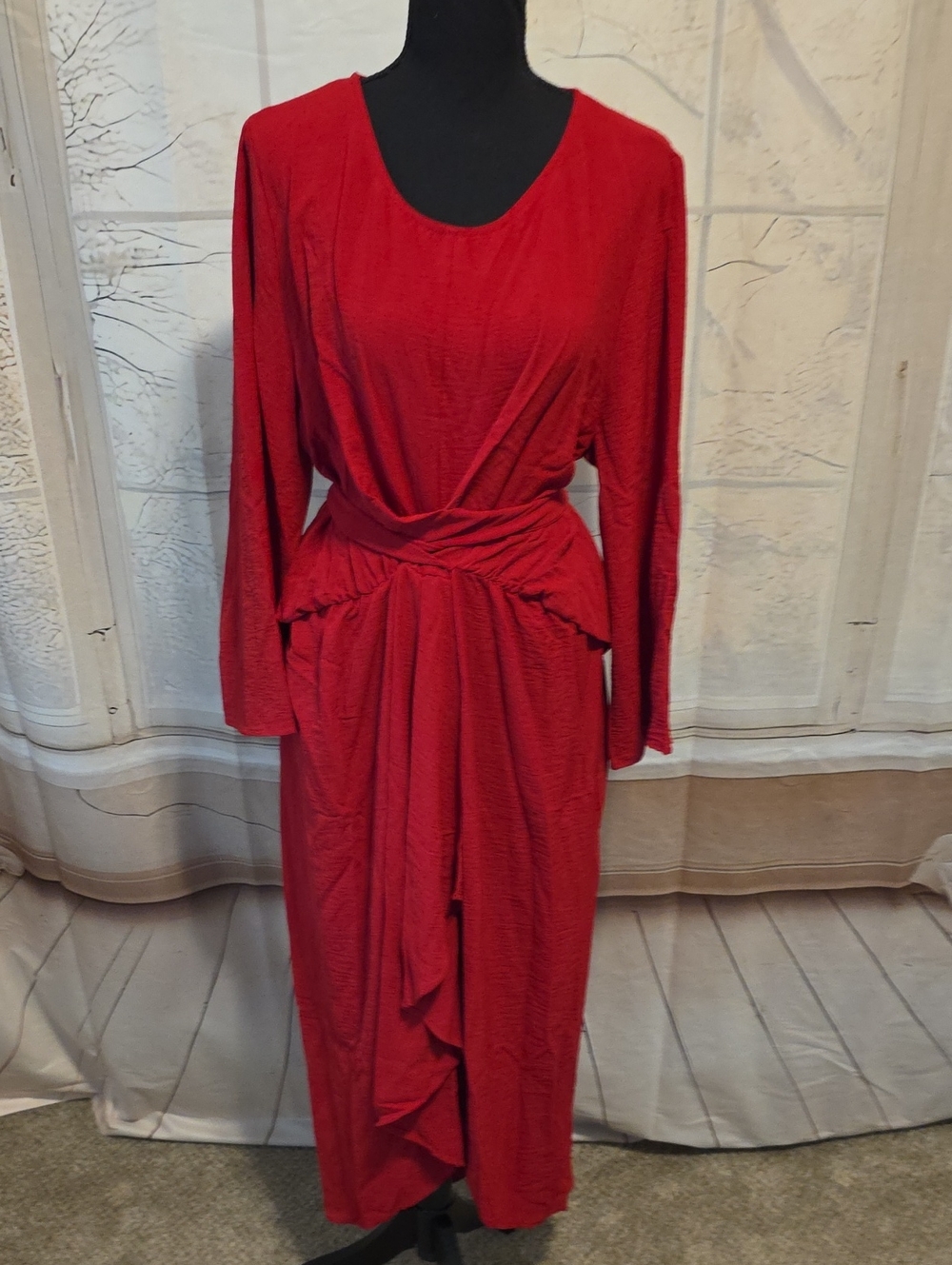 Kohl's Red Long Sleeve Draped Midi Dress with Waist Tie